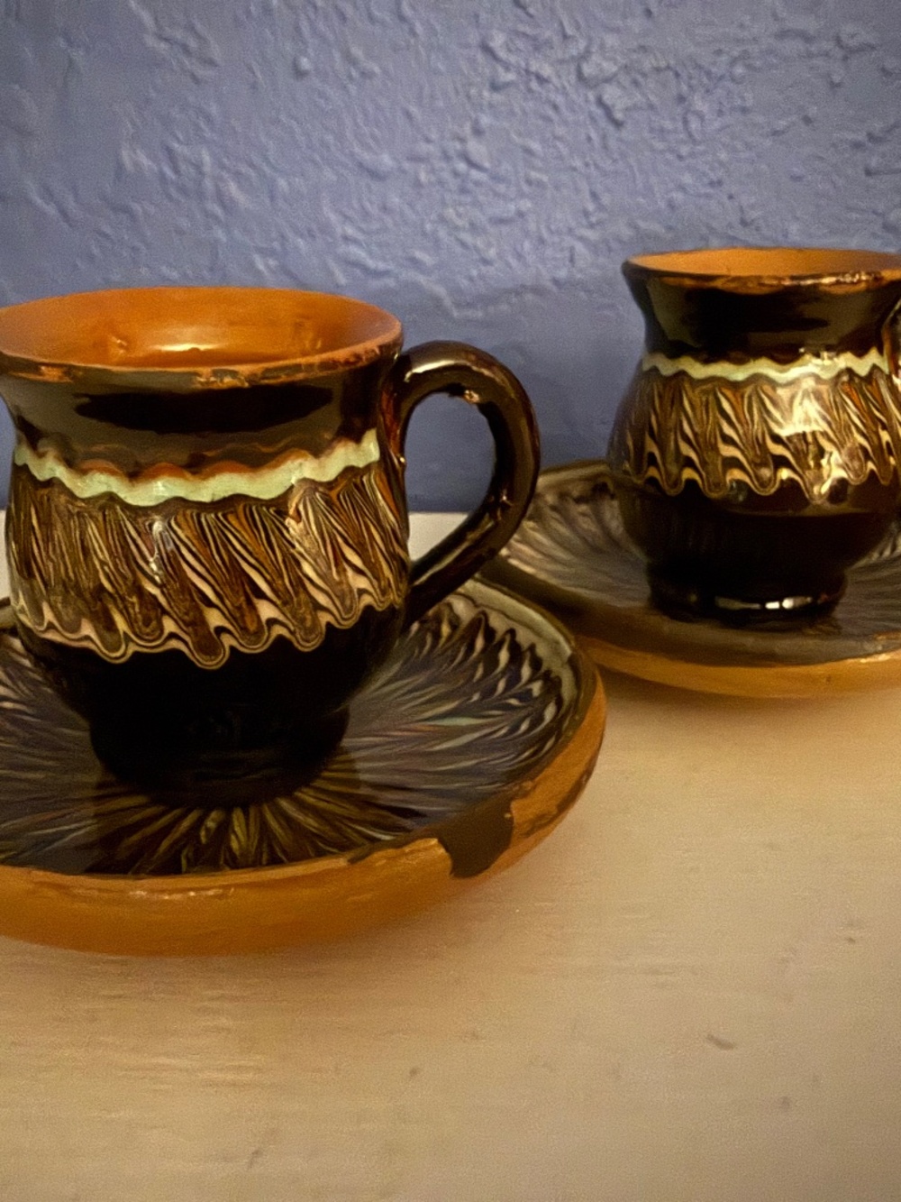Vintage Bulgarian Troyan Pottery Demitasse Coffee Cups & Saucers Set of 2